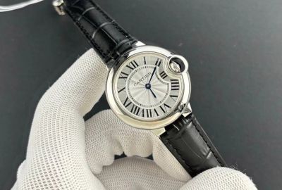 Ballon Bleu De Cartier 33mm 762 Quartz Movement Black Leather Strap White Face Women Watch